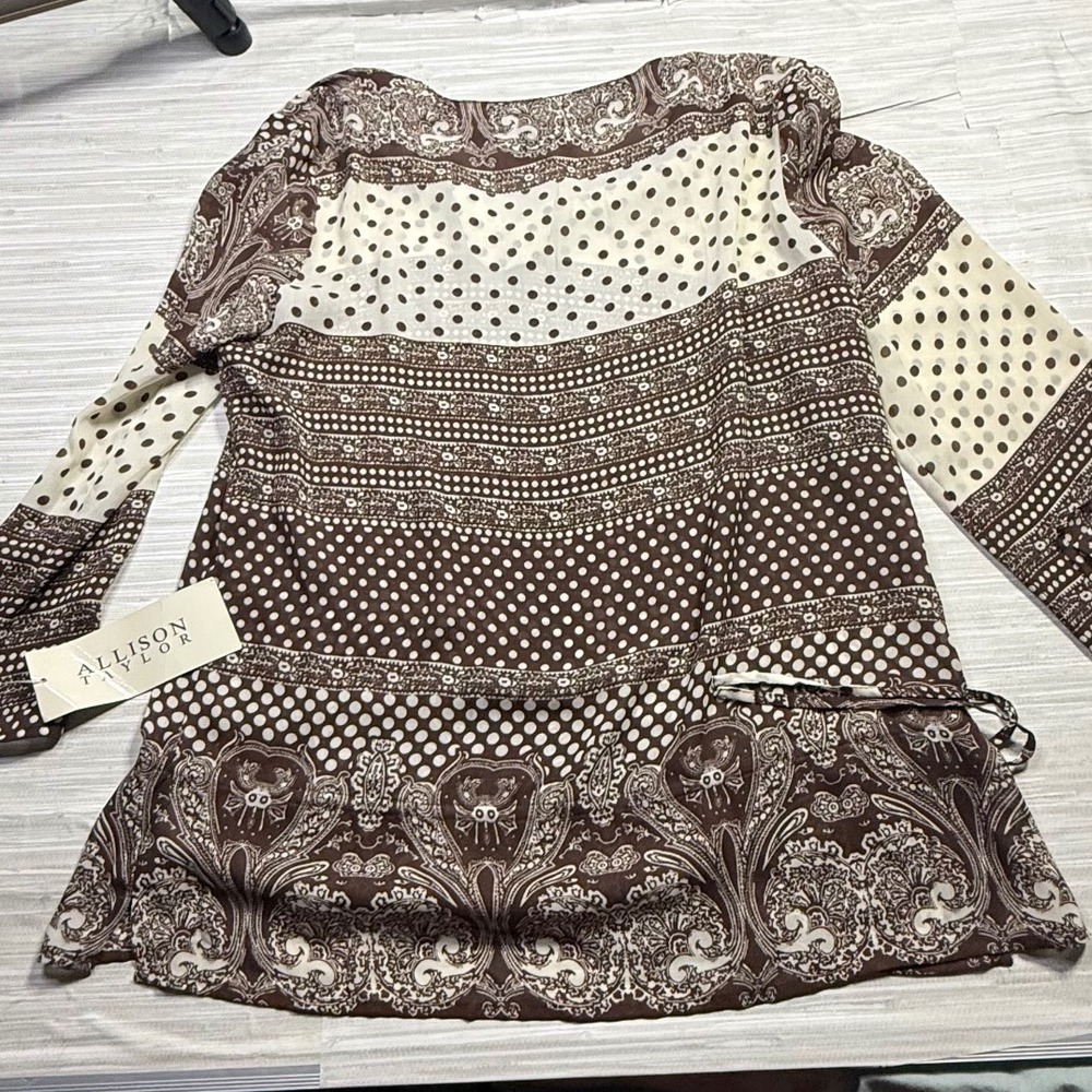 Allison Taylor Womens Large Brown Paisley Polka Dot Mixed Print Blouse NWT - Picture 3 of 8